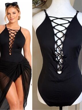 La Blanca Island Goddess High Neck Lace Front One Piece Swimsuit Black Sz 16💚